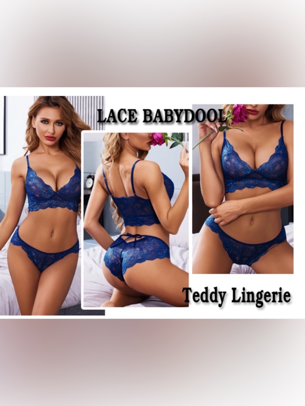 Royal Blue Lace Bra & Panty Set ✦ Sheer Floral Lingerie ✦ Adjustable Straps